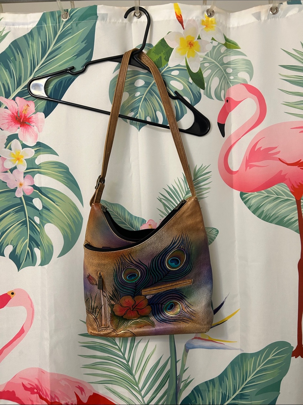 Anuschka Multicolor Peacock Feather Painted Leather Shoulder Bag
